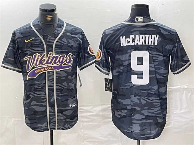 Men%27s Minnesota Vikings #9 J.J. McCarthy Gray Camo Cool Base Stitched Baseball Jersey->minnesota vikings->NFL Jersey
